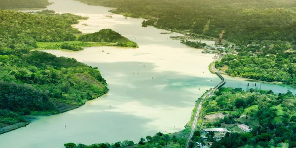 Aerial view of Panama Canal on the Atlantic side