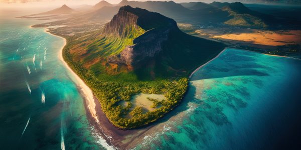 Le Morne Mountain, Mauritius, Africa, as seen from above. Generative AI